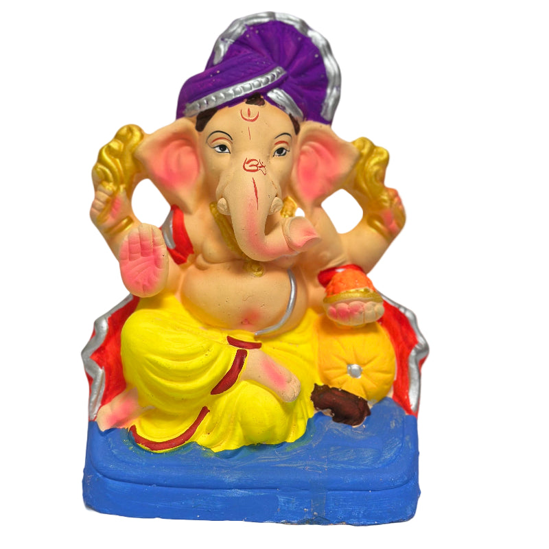 Clay Yellow Color Ganesh Idol with Violet hat