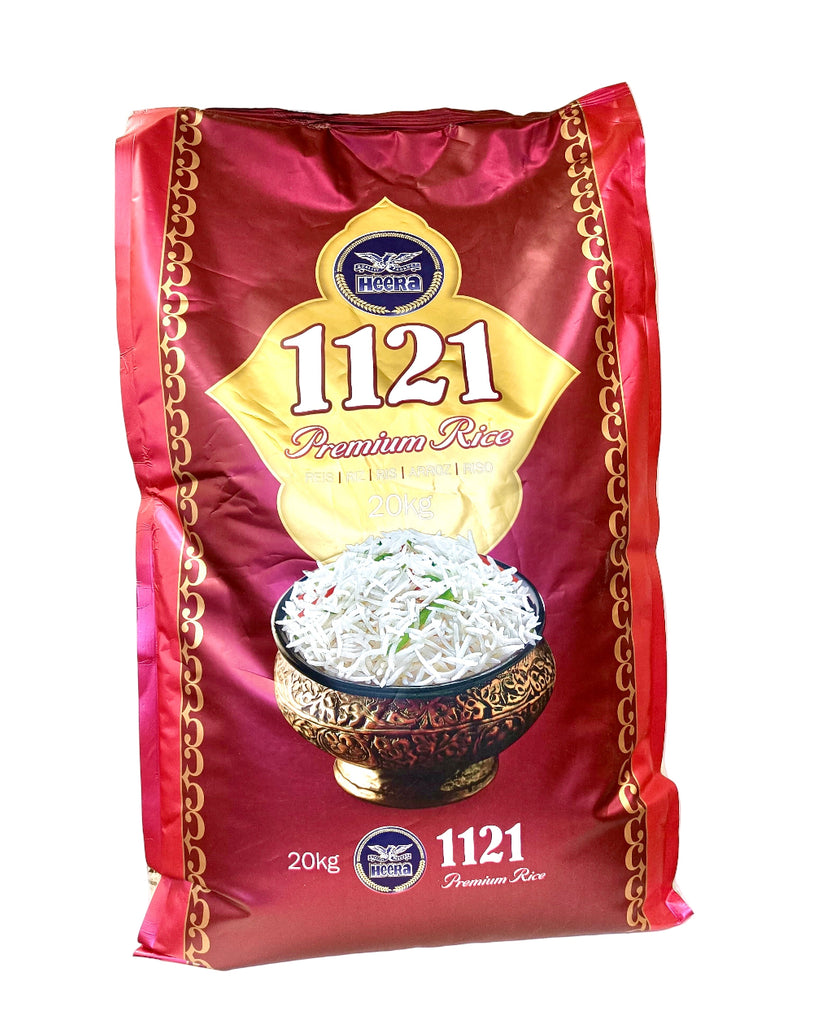1121 Premium Rice bag with red packaging and gold accents on a white background